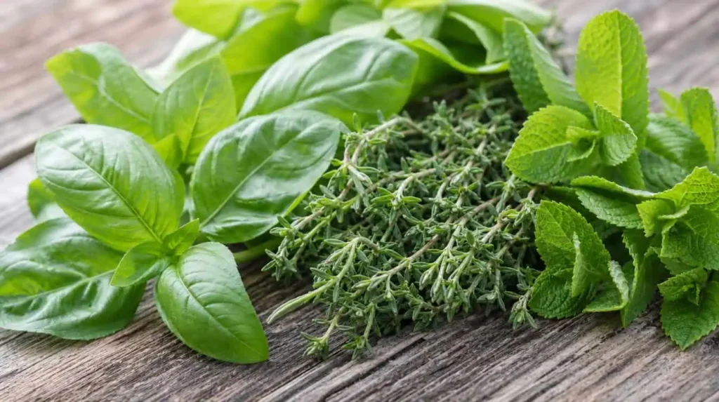 plantes aromatiques liste basilic menthe thym sur table en bois