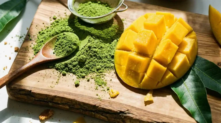 poudre de matcha japonaise et mangue fraîche tranchée pour recette bien-être_2