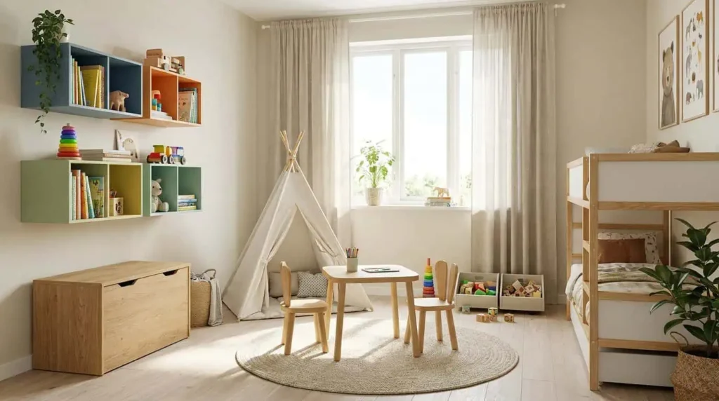rangement chambre enfant avec étagères murales et coffre à jouets