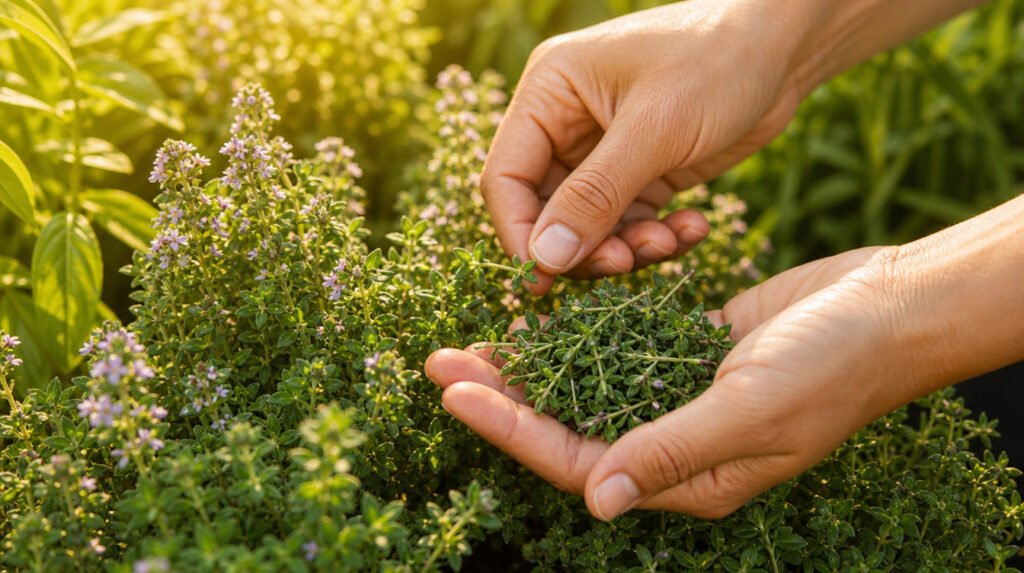 récolte séchage herbes aromatiques thym jardin mains