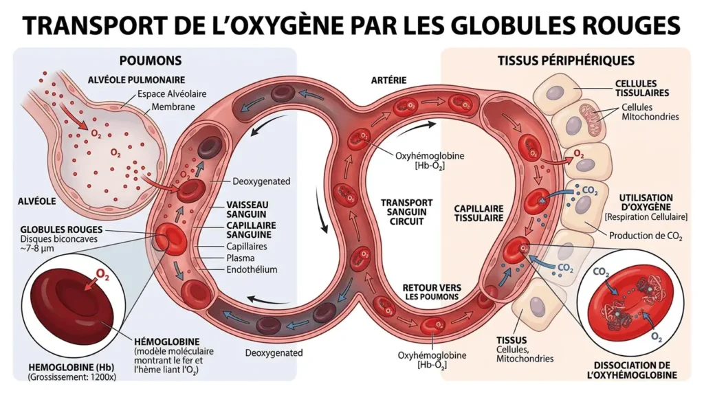 schéma transport oxygène fer hémoglobine globules rouges