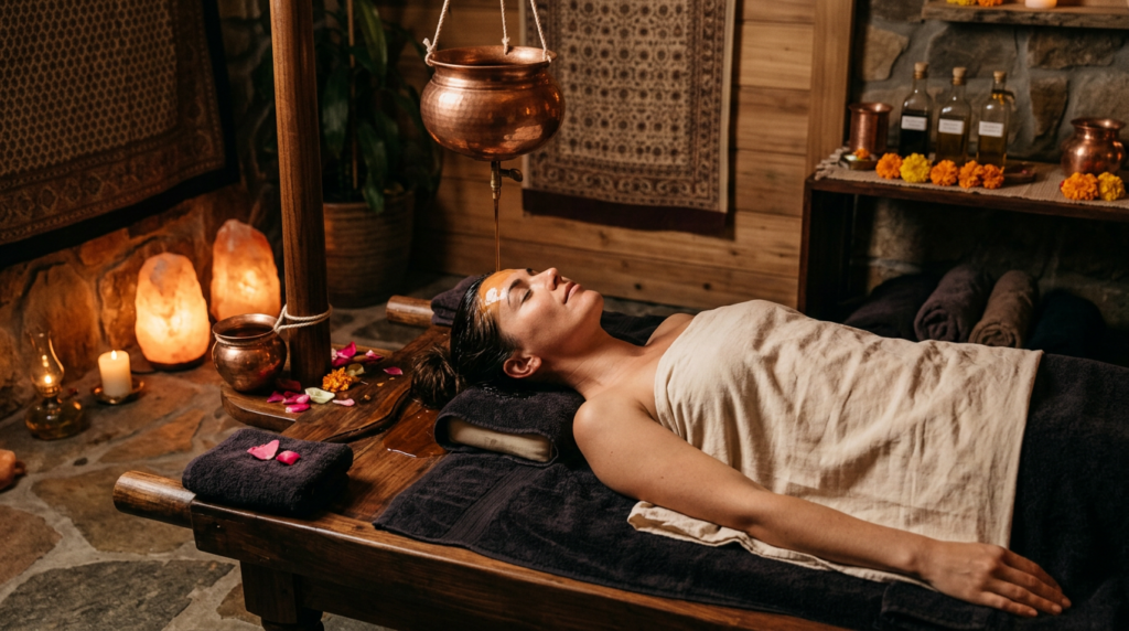 soin Shirodhara massage ayurvédique huile front spa indien