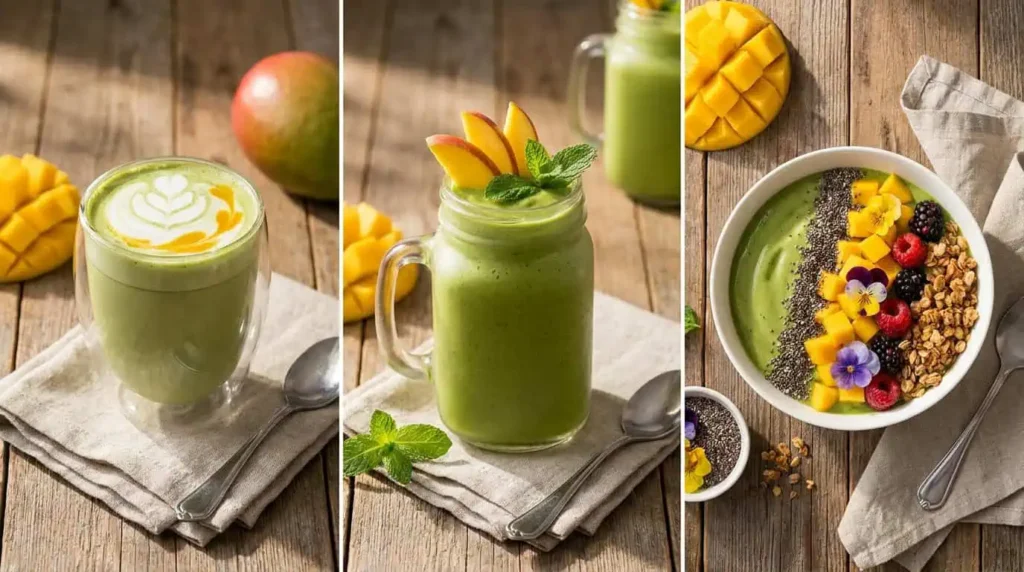 trois recettes matcha mangue latte smoothie et bol petit-déjeuner_1