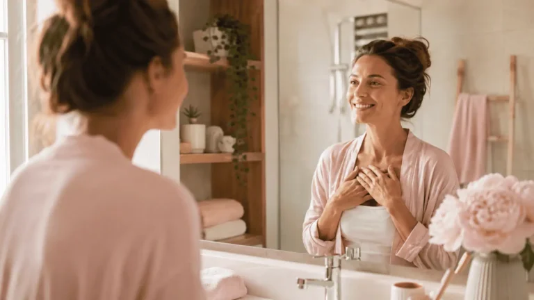 femme répétant des phrases positives sur la confiance en soi devant un miroir