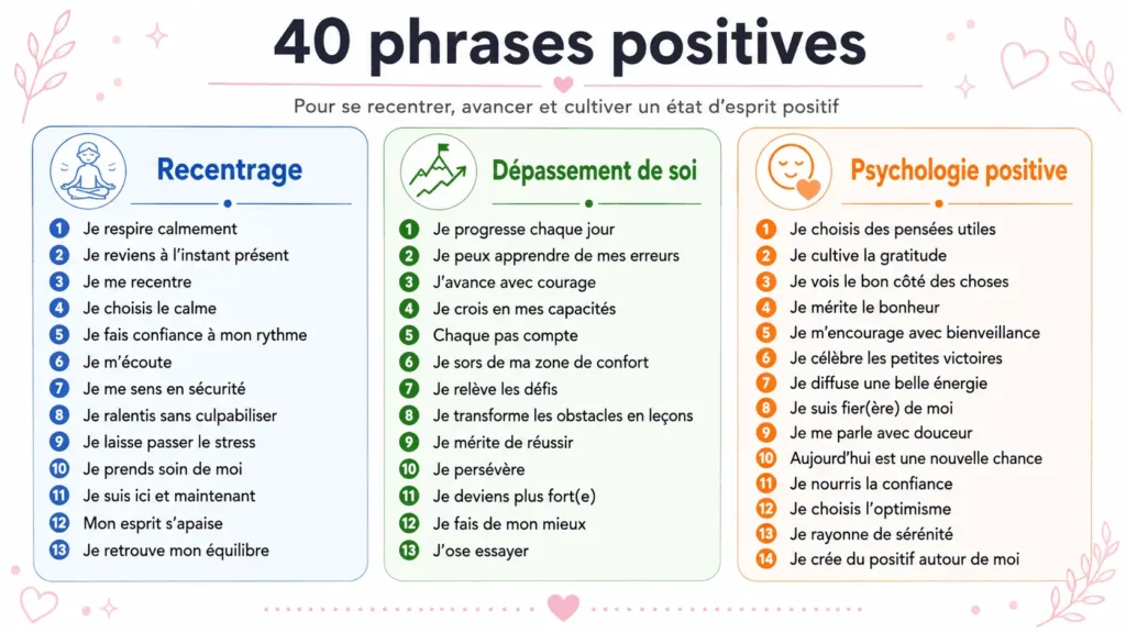 infographie des 40 phrases positives sur la confiance en soi classées par usage