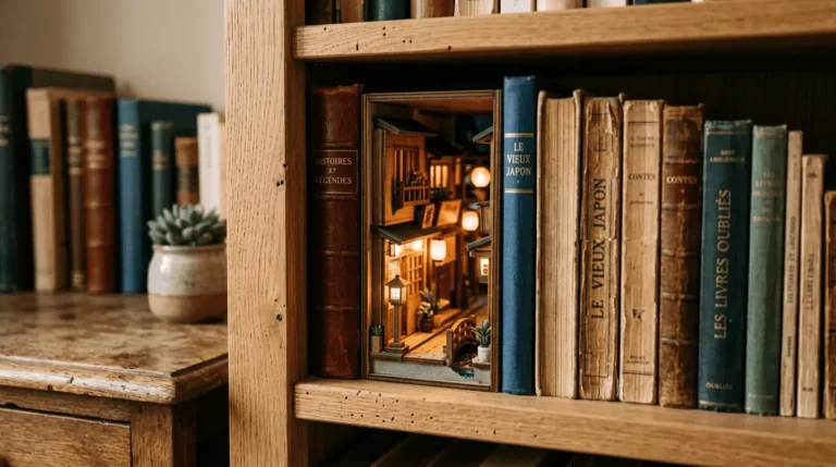 book nook miniature en forme de ruelle japonaise entre des livres