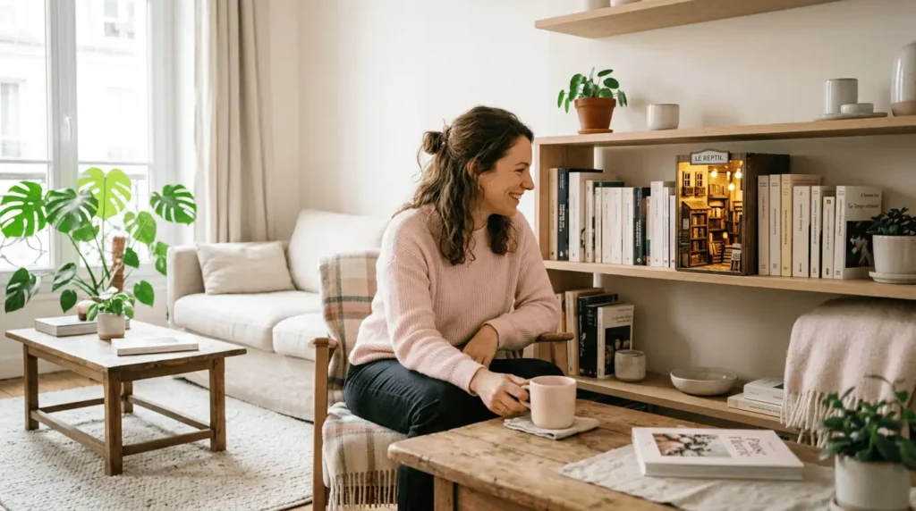 femme profitant du bien-être apporté par son book nook déco