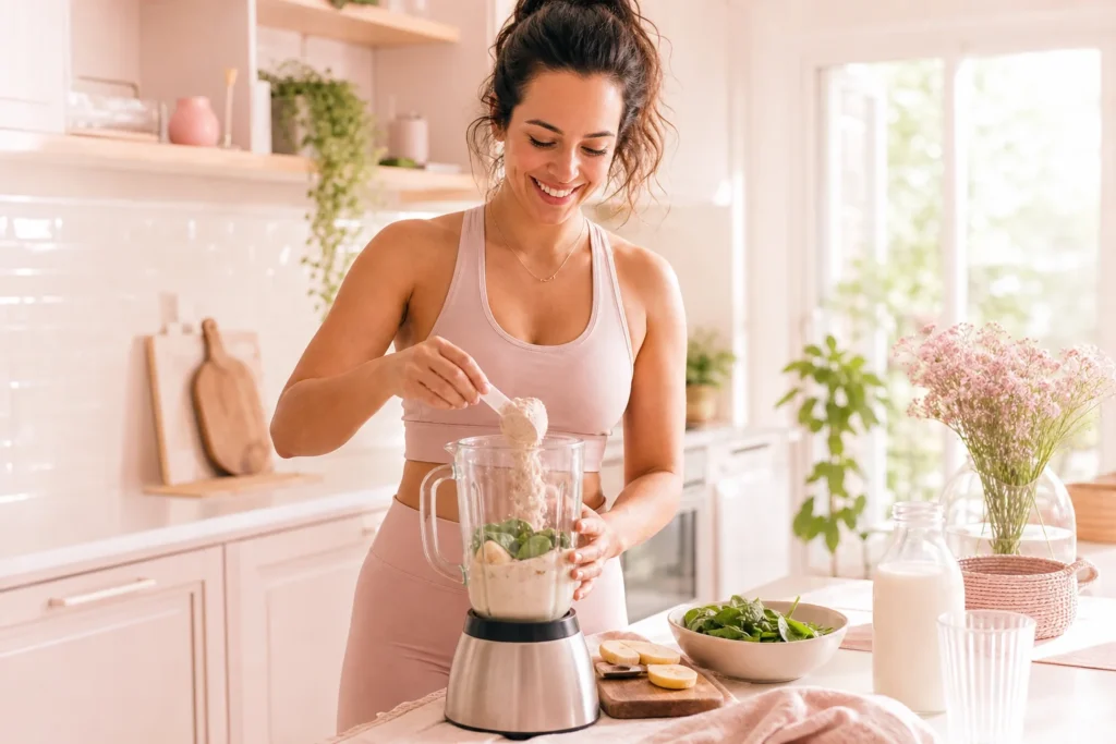 Femme préparant un shake herbalife nutrition dans sa cuisine