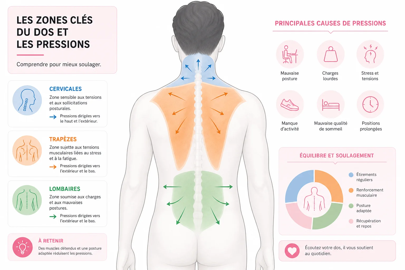 Carte des zones à cibler en techniques massage dos schéma des points de pression pour techniques massage dos