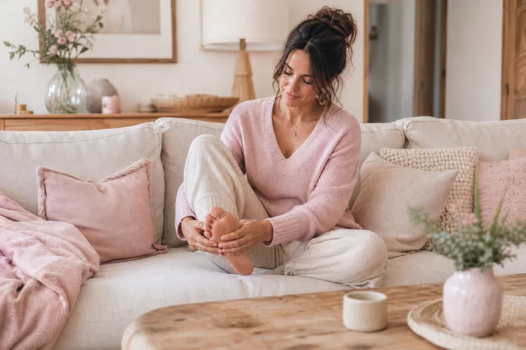 femme pratiquant un massage pied technique dans son salon