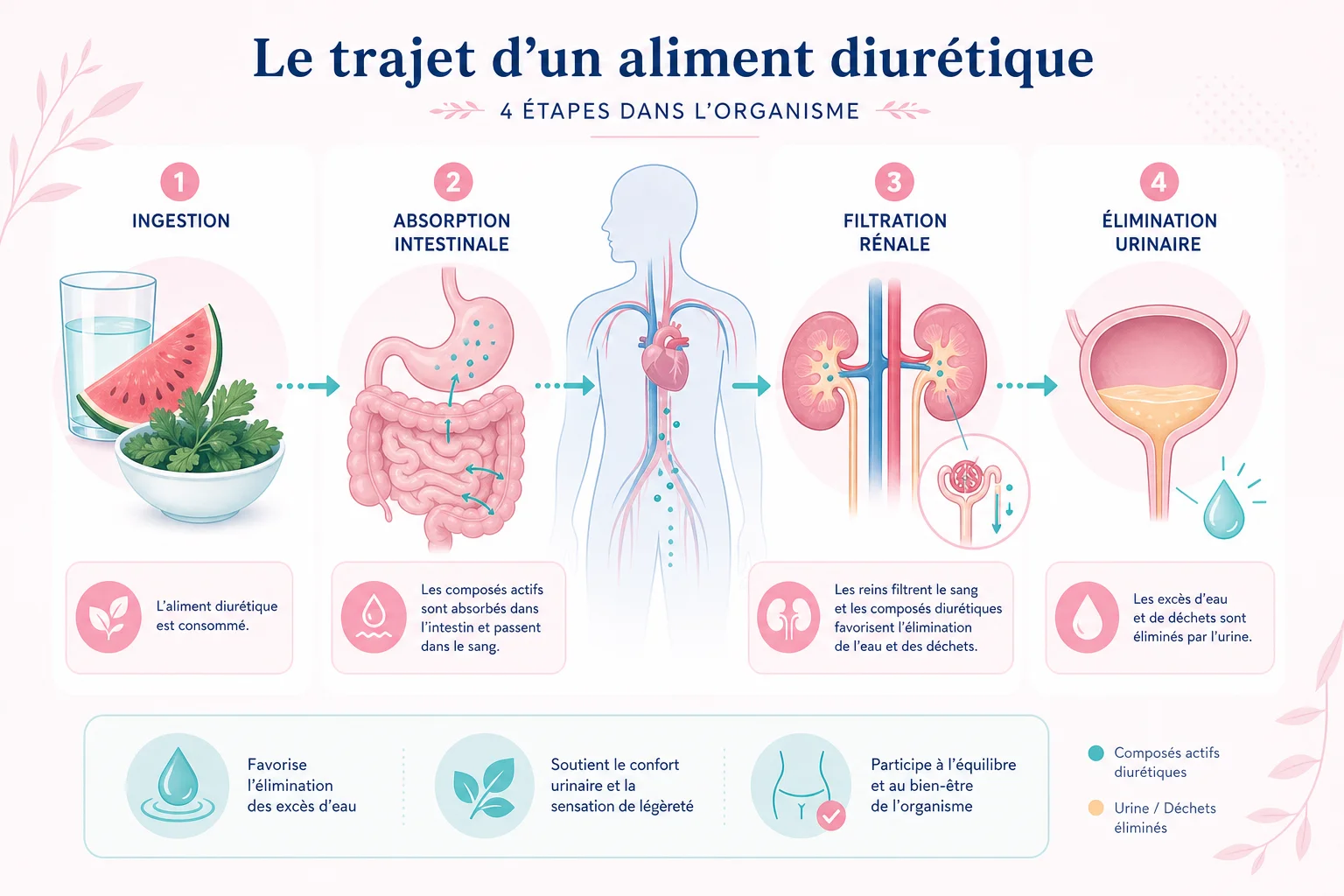 schéma expliquant comment agit un aliment diurétique sur les reins