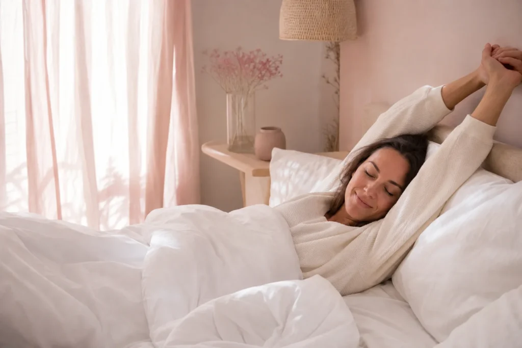 femme profitant d'un sommeil réparateur au réveil dans une chambre lumineuse